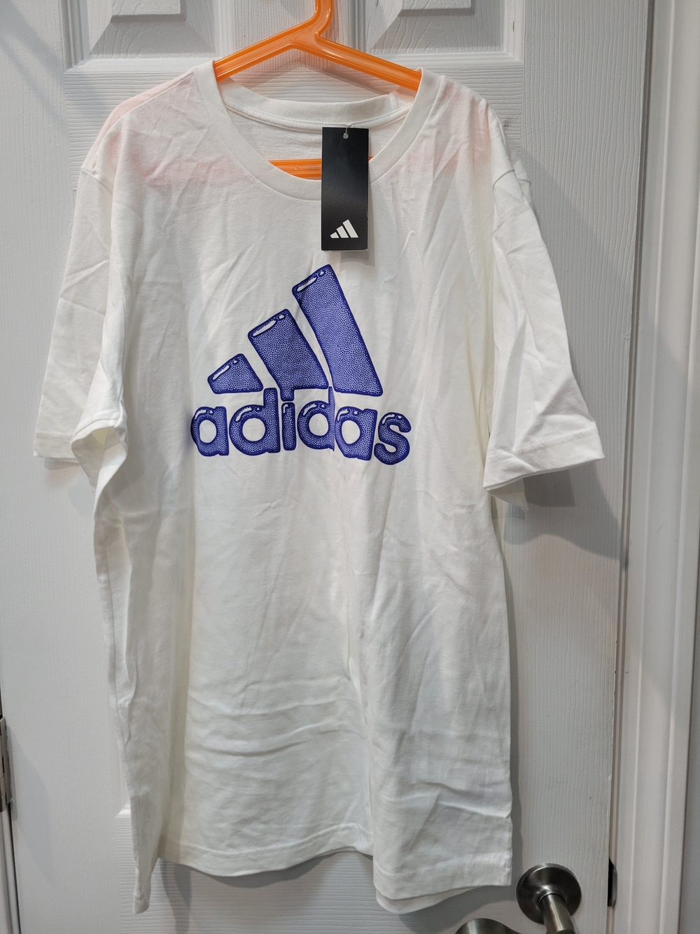 adidas White Short Sleeve Tee with Blue Logo